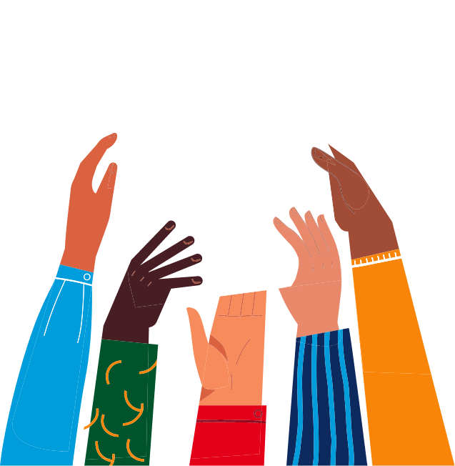 Illustration of Diverse hands of different skin tones raised up together