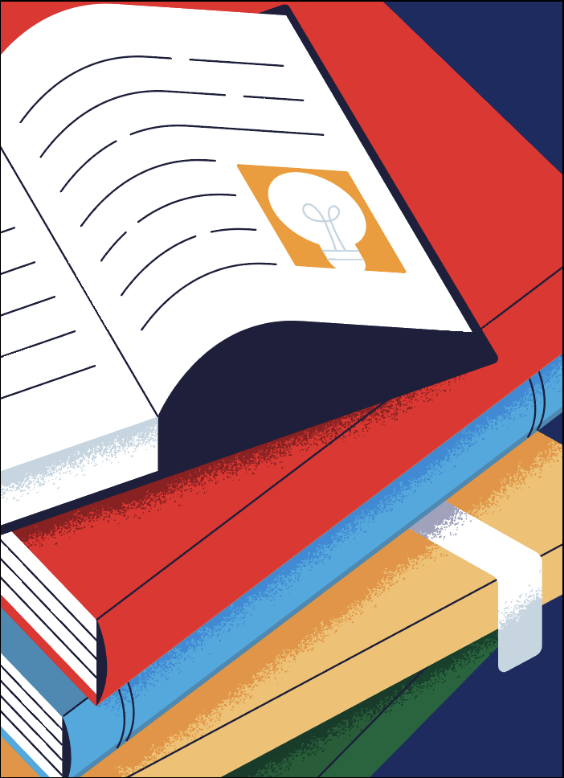 Illustration of a stack of books with the top book open to a page with a picture of a lightbulb